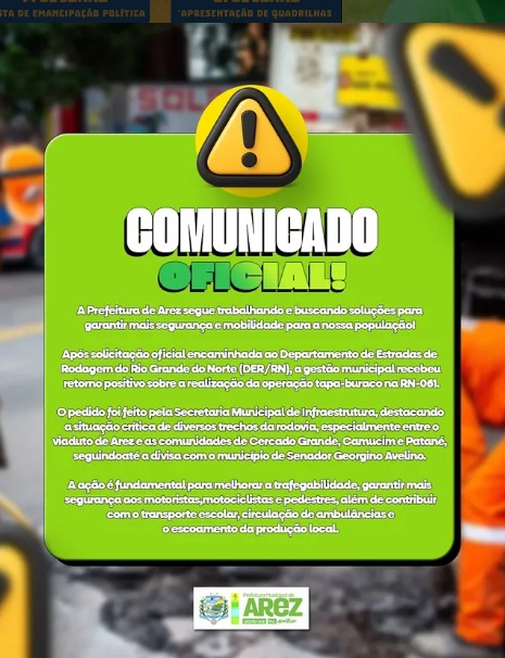 A Prefeitura de Arez segue trabalhando e buscando soluções para garantir mais segurança e mobilidade para a nossa população!