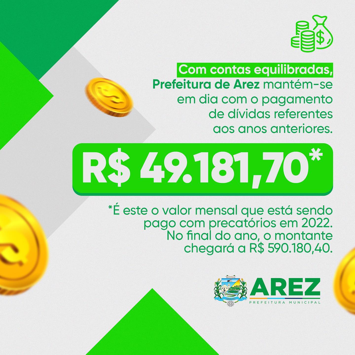 Leia mais sobre o artigo Com contas equilibradas, Prefeitura de Arez mantém-se em dia com o pagamento de dívidas referentes aos anos anteriores.