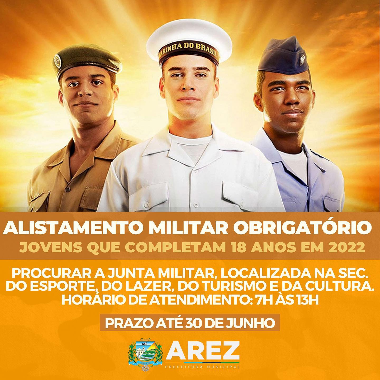 Leia mais sobre o artigo  ATENÇÃO JOVENS QUE COMPLETAM 18 ANOS EM 2022: O PRAZO DO ALISTAMENTO MILITAR OBRIGATÓRIO É ATÉ 30 DE JUNHO.