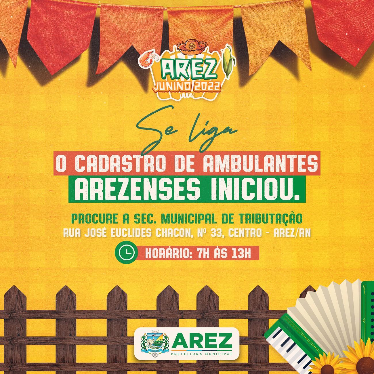 Leia mais sobre o artigo  Prefeitura de Arez inicia o cadastramento de vendedores ambulantes arezenses para o Arez Junino.