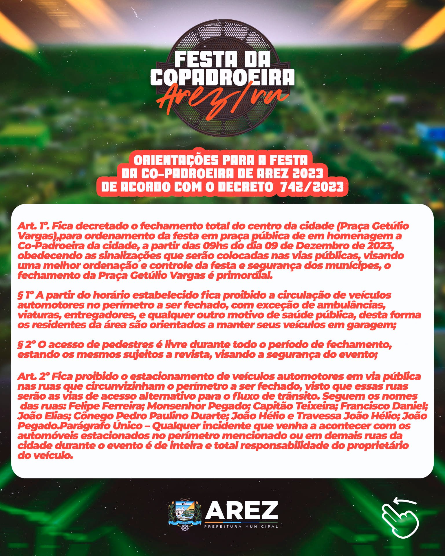 Leia mais sobre o artigo A Prefeitura municipal de Arez, Gestão Bergson Iduino, publica orientações da festa da Co-padroeira.