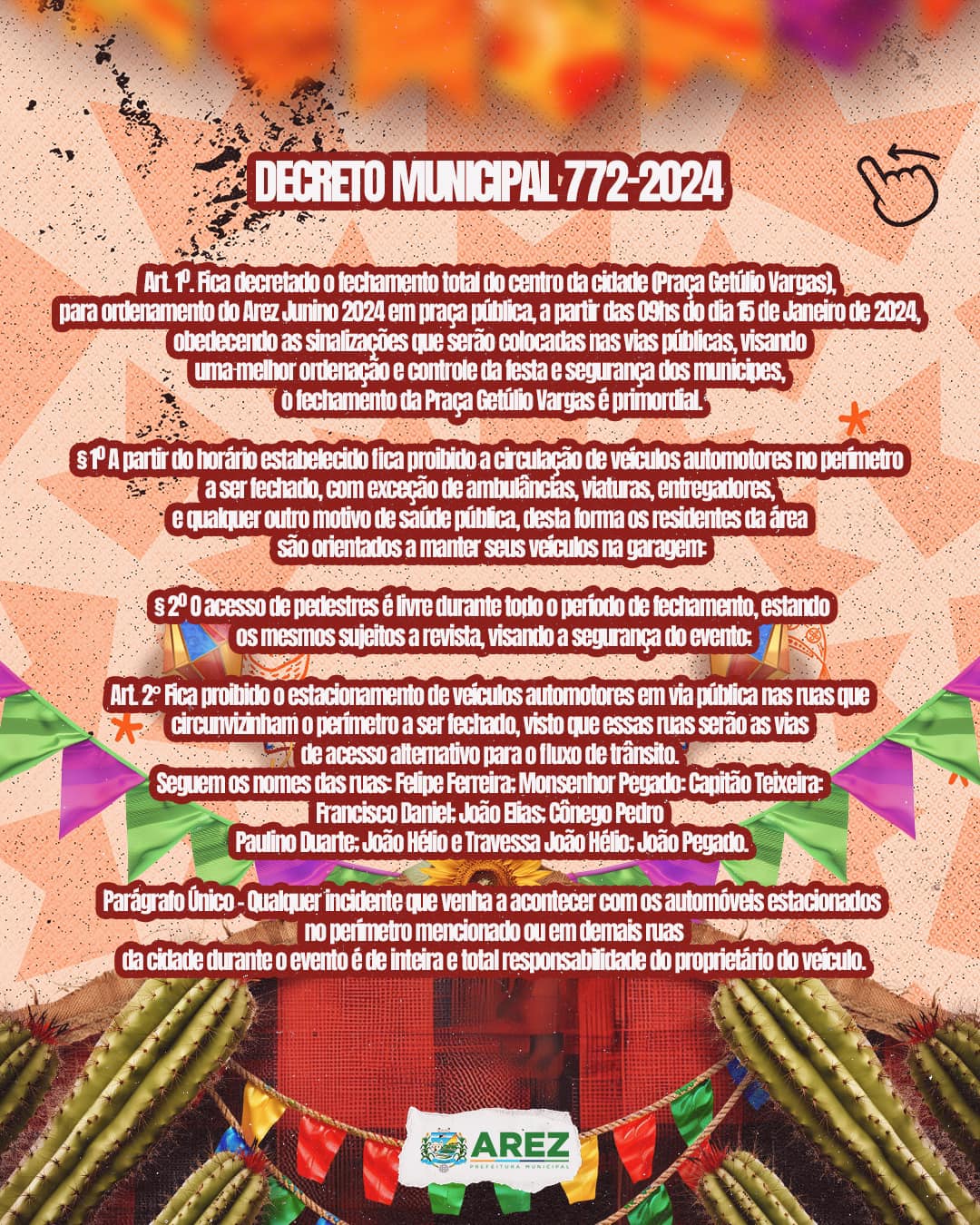 Leia mais sobre o artigo A Prefeitura municipal de Arez, publica orientações da festa de Emancipação Política : 772/2024